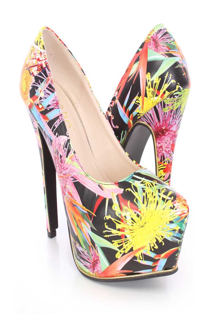 Floral Printed Platform Pump High Heels Faux Leather