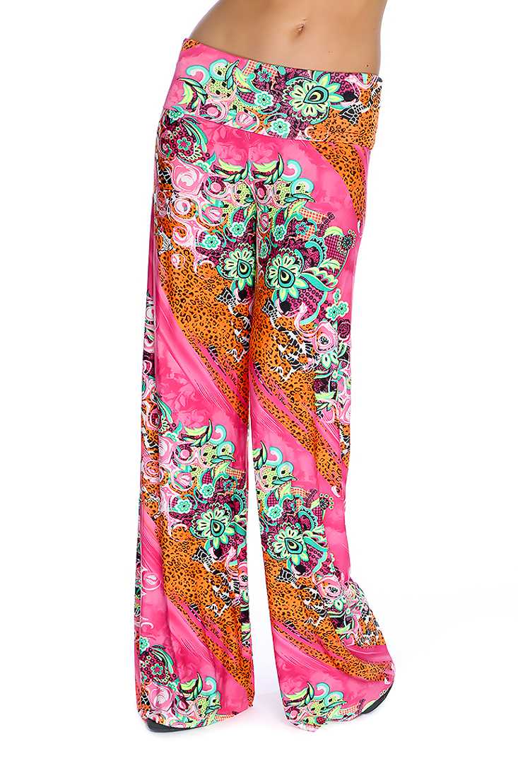 Neon Lime Fuchsia Variety Print Wide Leg Cute Casual Pants