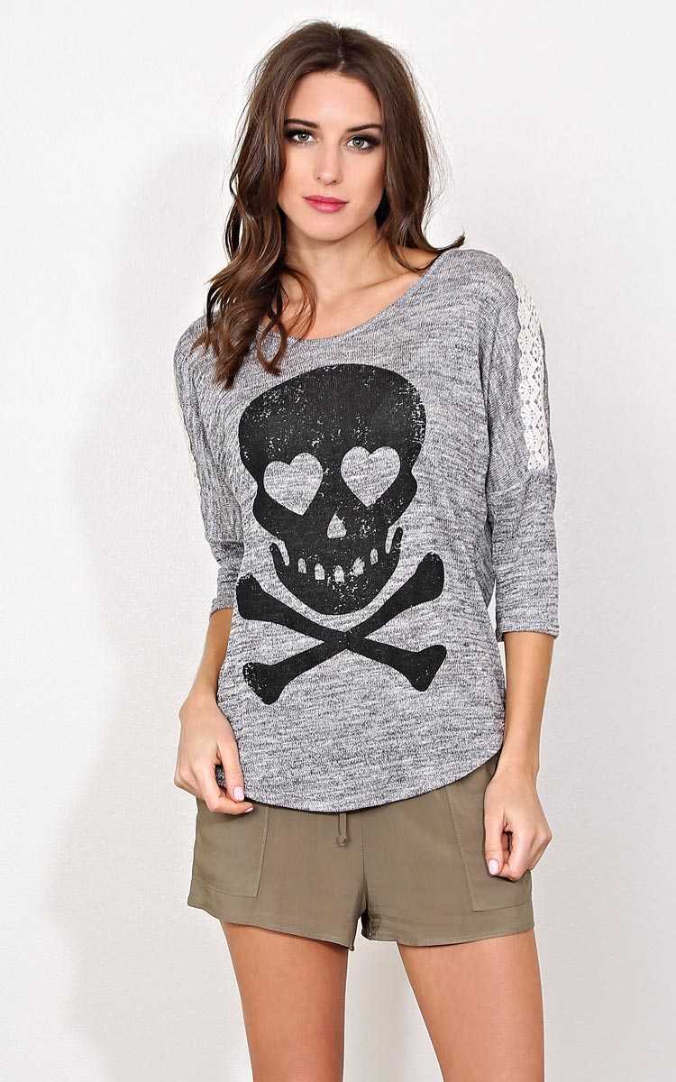 Heart And Skull Marled Top - - Charcoal Combo in Size by Styles For Less