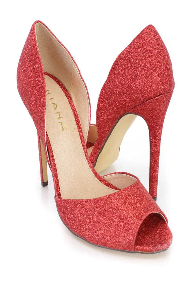 Red Peep Toe Single Sole Heels Glitter