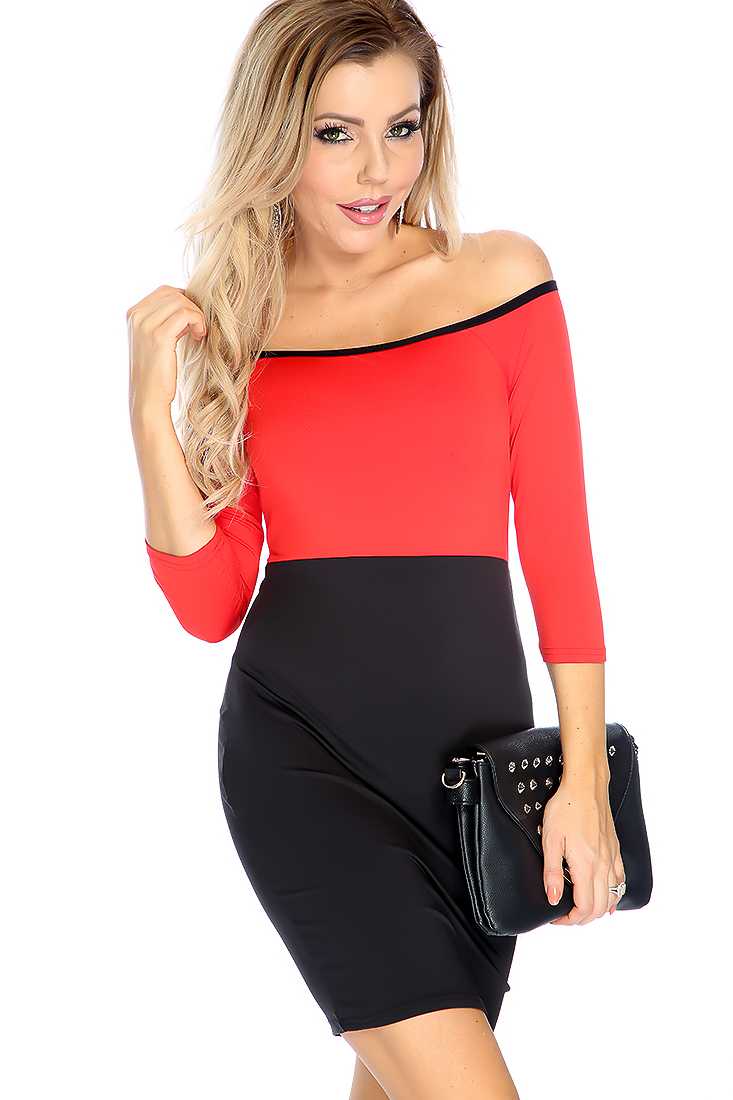 Sexy Red Black Two Tone Off Shoulders Party Dress