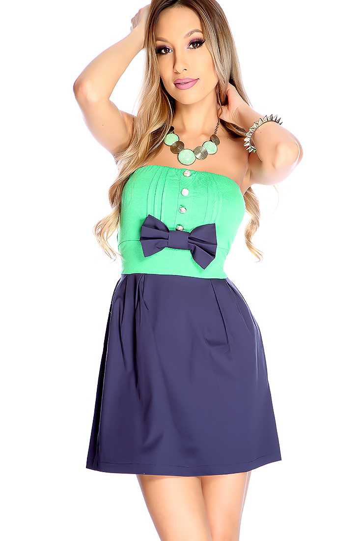 Sexy Green Navy Strapless Bow Accent Two Tone Casual Dress