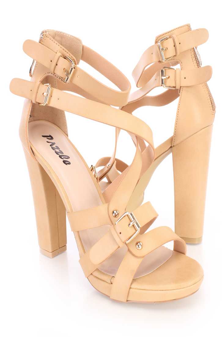 Tan Buckle Strappy Open Toe Heels Faux Leather