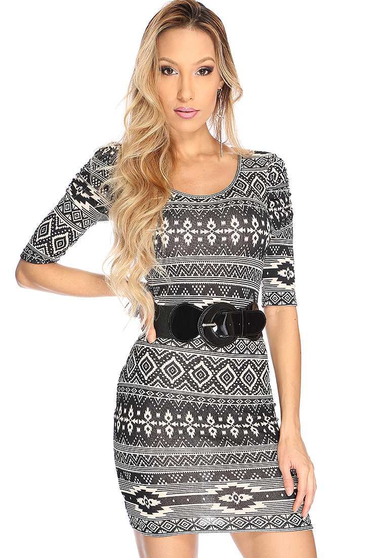 Black Beige Printed Short Sleeves Body Con Dress