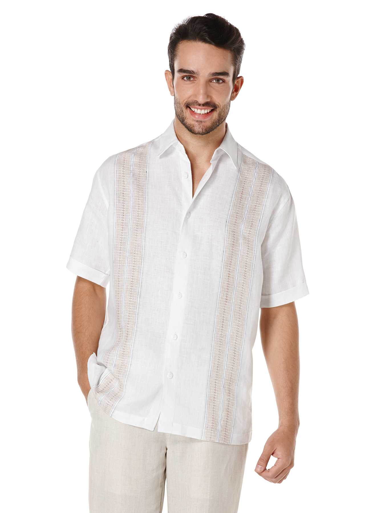 Cubavera 100% Linen Short Sleeve Engineered Yarn Dye Panel