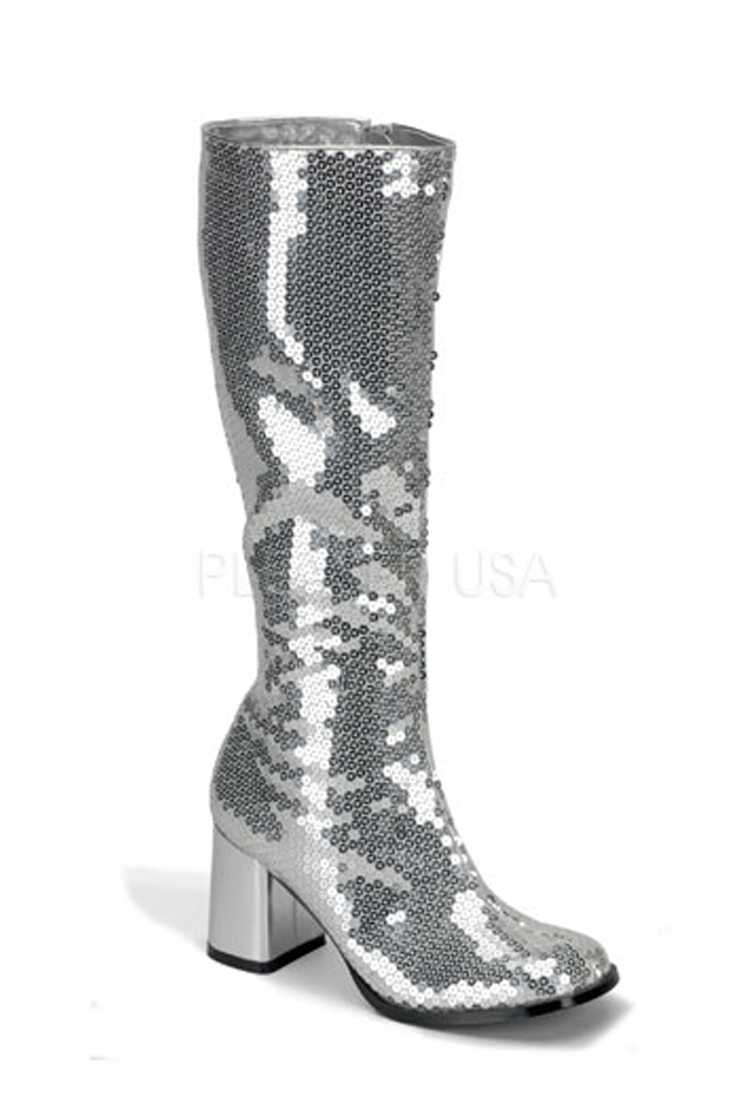 Silver Chunky Block Heel Knee High Boots Sequins