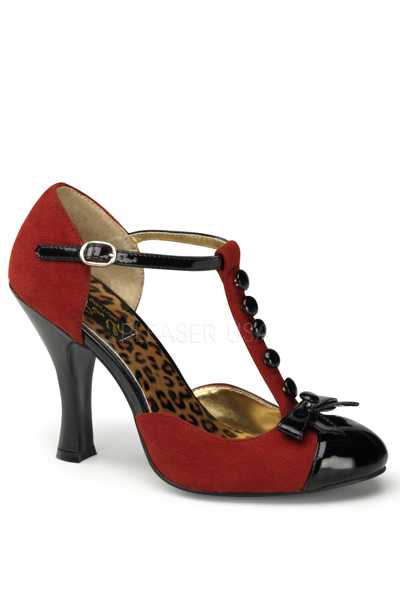 Red Black Micro-Suede Patent T Strap High Heels