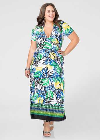 Palm Print Wrap Maxi Dress