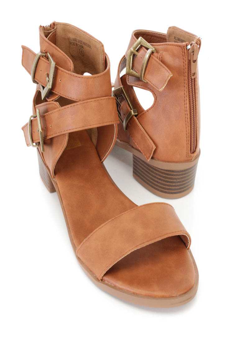 Tan Buckle Strappy Open Toe Sandals Faux Leather