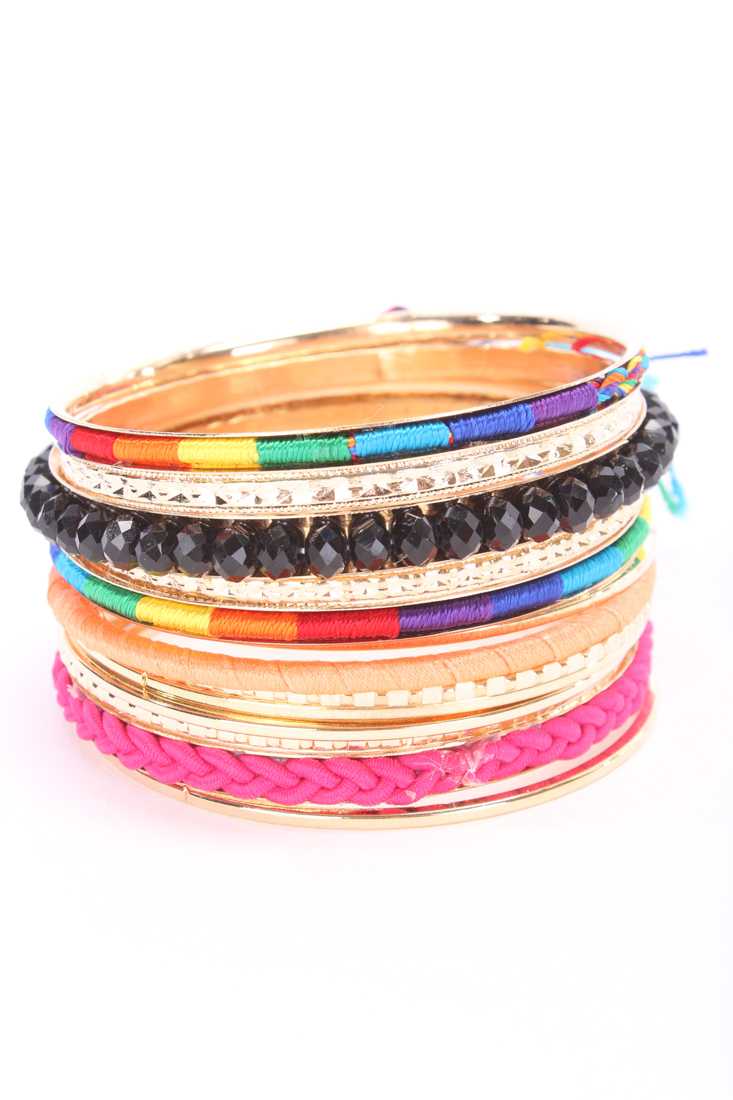 Fuchsia Gold High Polish Threaded Bangle Bracelet Set