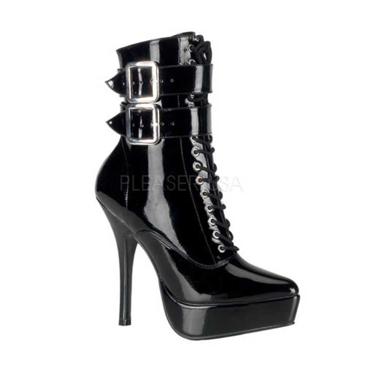Black Lace Up Buckled Booties Patent