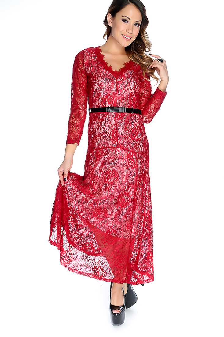 Burgundy Floral Overlay Ribbon Detail Maxi Dress