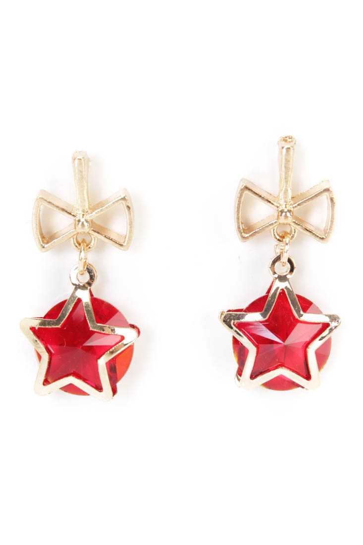 Red Gold High Polish Star Beaded Bow Earrings