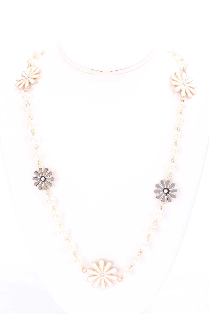 White Faux Pearl Daisy Accent Gemstone Necklace