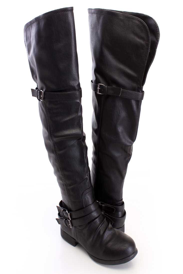 Black Thigh High Flat Boots Faux Leather