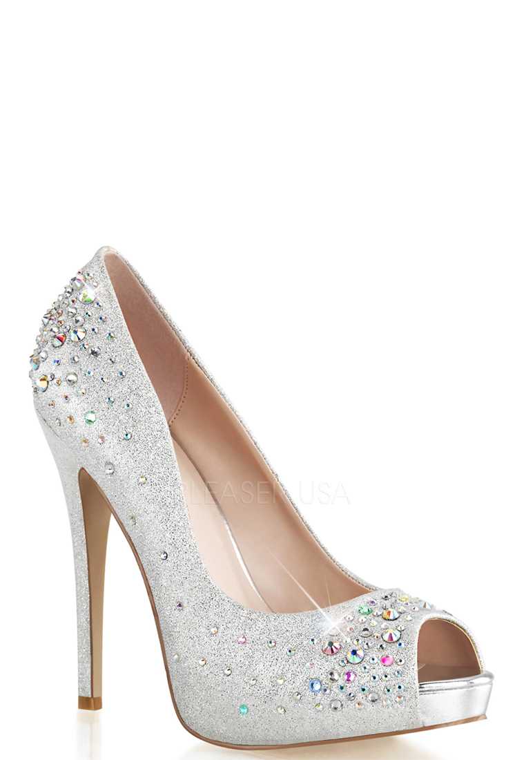 Silver Rhinestone Peep Toe Pump High Heels Glitter