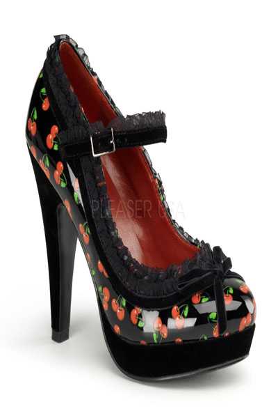 Black Patent Faux Leather Cherry Print Ruffled High Heels