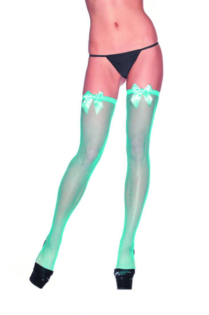 Turquoise Satin Bow Fishnet Thigh High Stockings