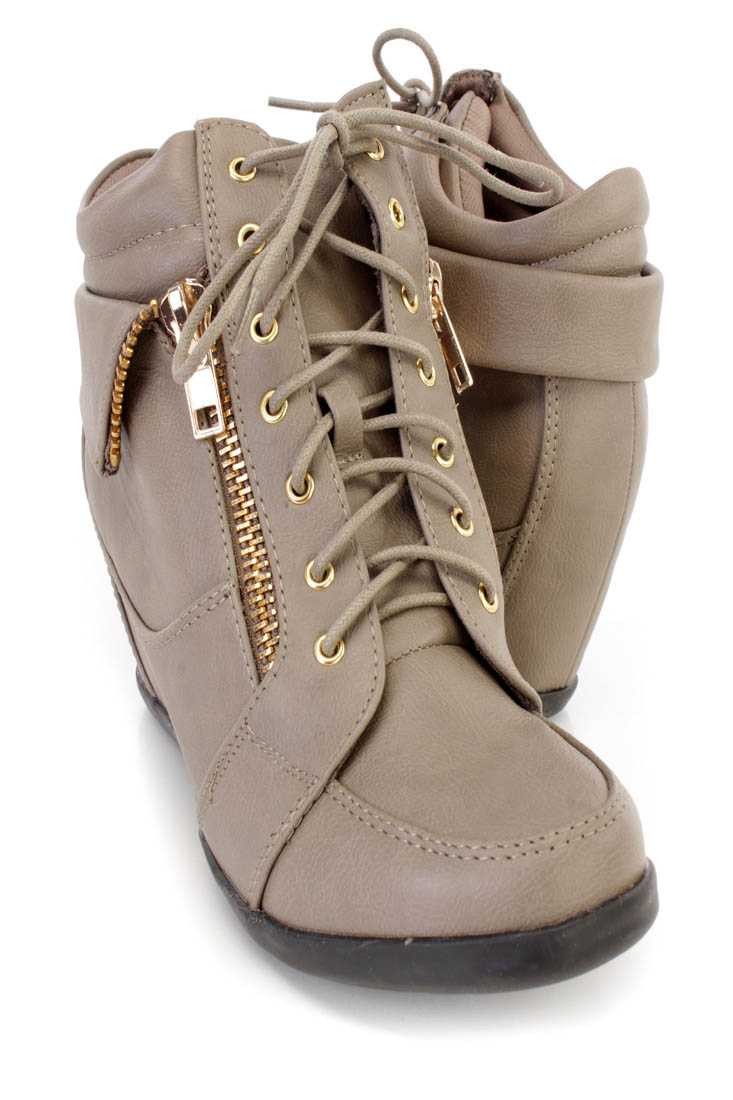 Taupe Lace Up Zipper Detail Sneaker Wedges Faux Leather