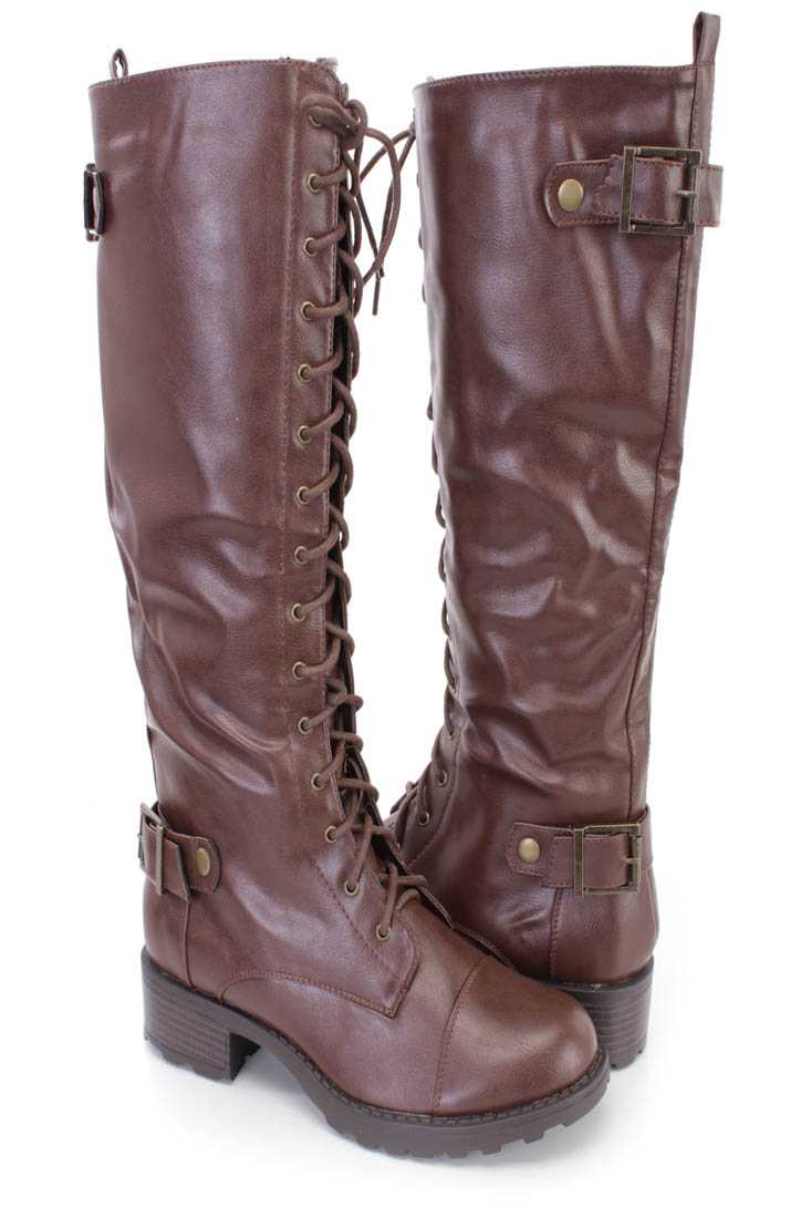 Brown Strappy Lace Up Riding Boots Faux Leather