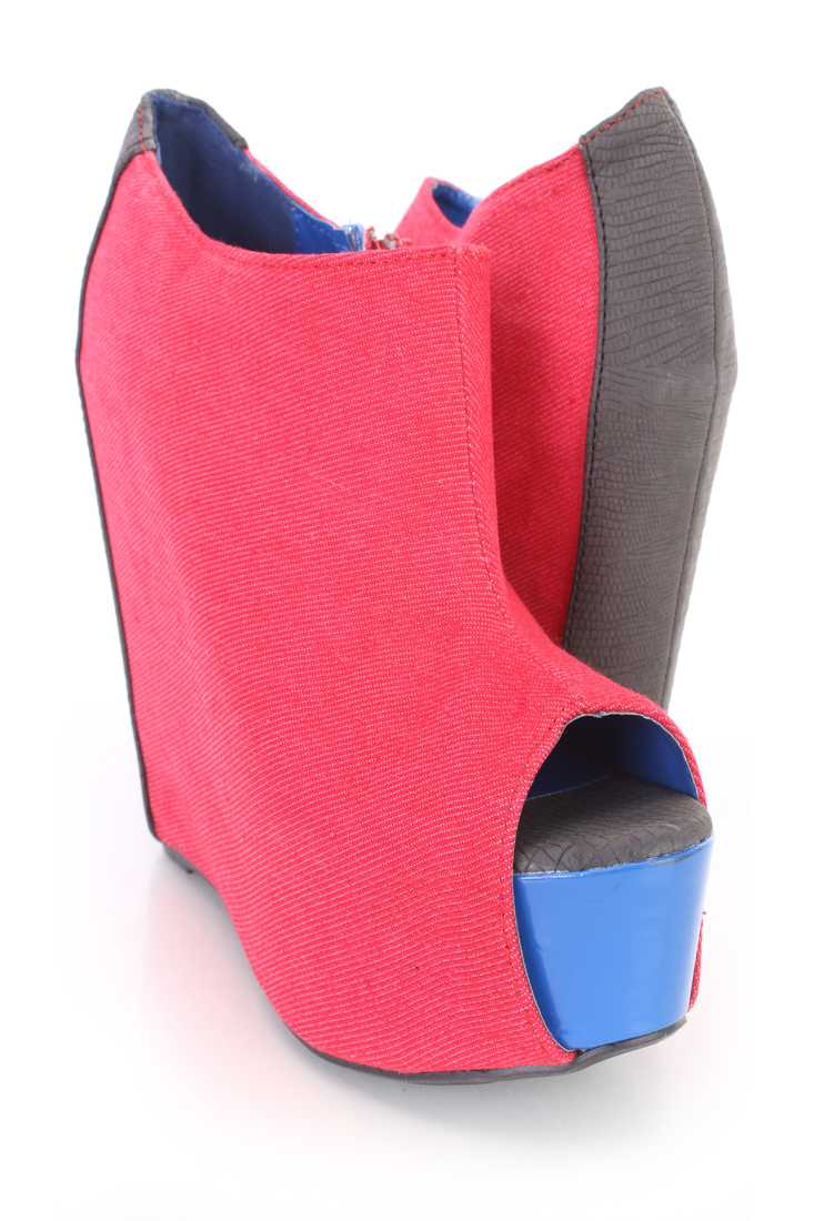 Red Peep Toe Ankle Bootie Wedges Denim