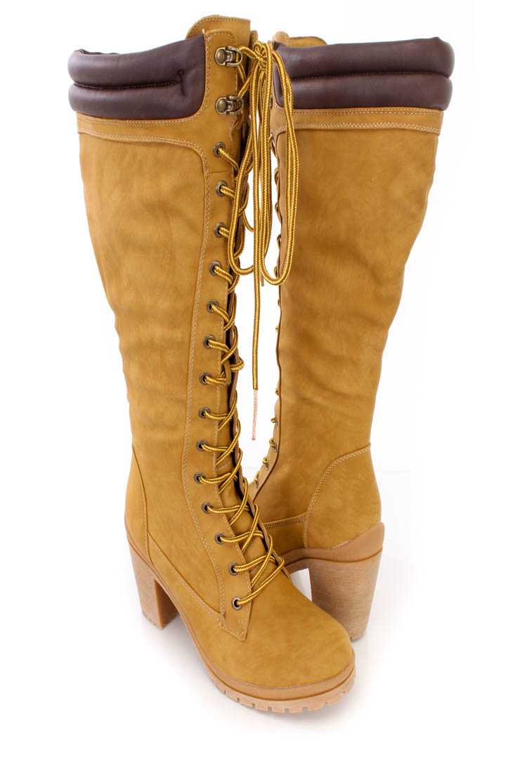 Camel Brown Lace Up Chunky High Heel Boots Faux Leather