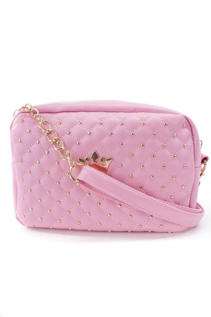 Pink High Polish Crown Accent Studded Textured Handbag