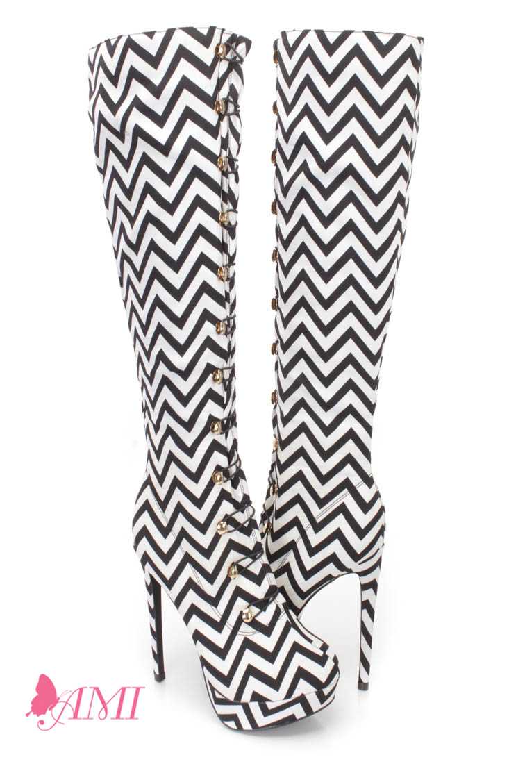 Black White Chevron Hook Loop High Heel Boots Canvas
