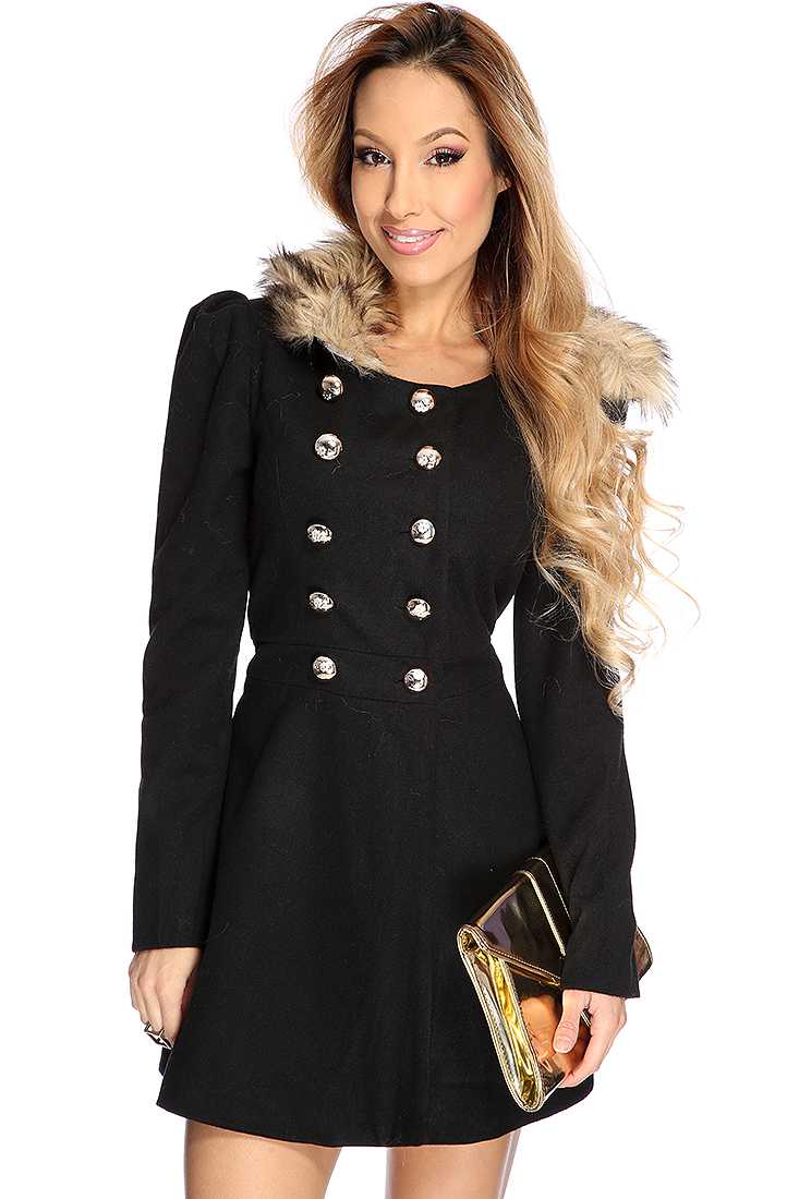 Black Faux Fur Collar Double Breasted Pea Coat
