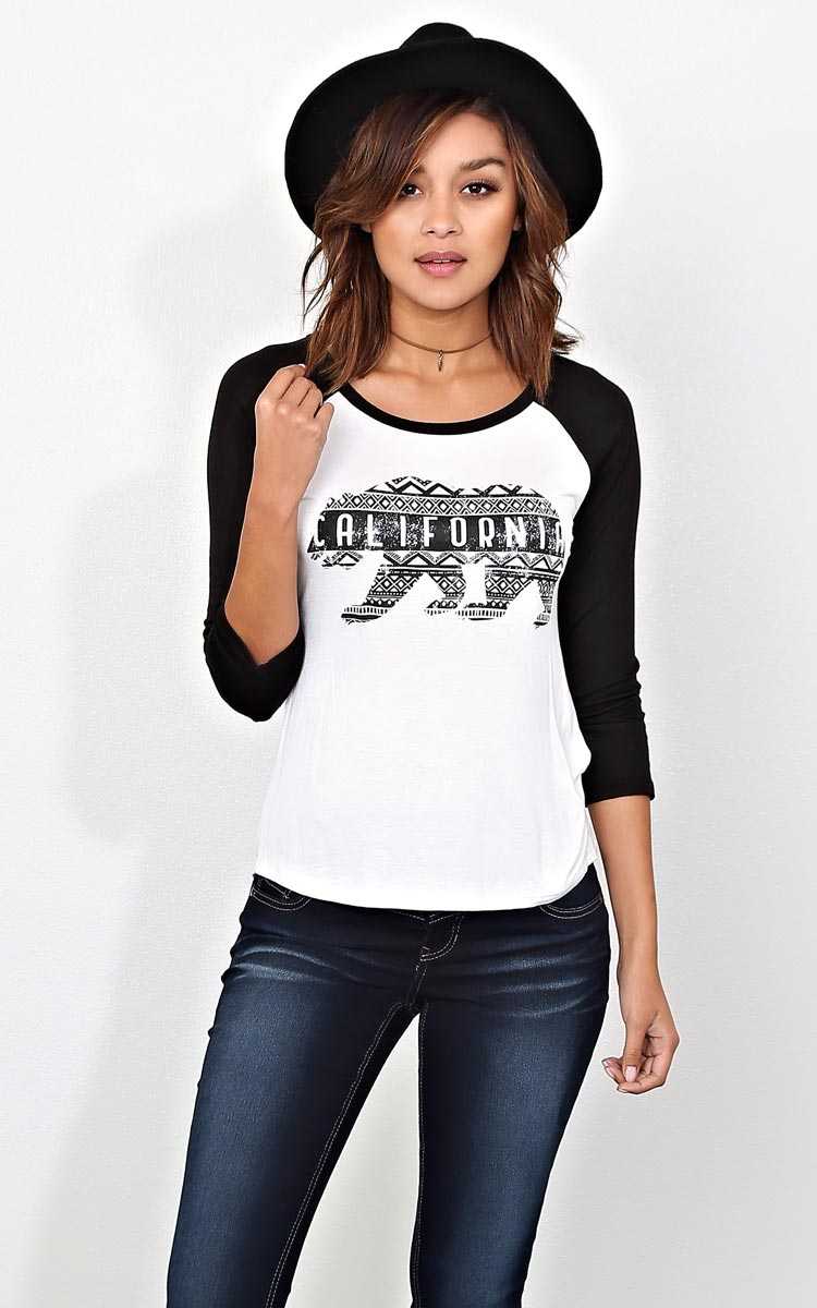 CALIFORNIA Bear Knit Raglan Tee - SML - Black Combo in Size Small by Styles For Less