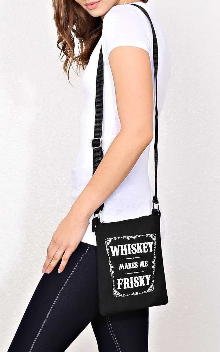 WHISKEY MAKES ME FRISKY Canvas Satchel - N/S - Black/White by Styles For Less