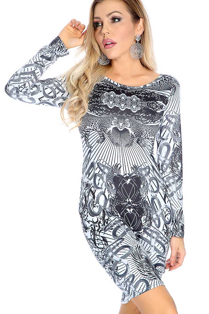 Sexy Black White Animal Print Long Sleeve Dress