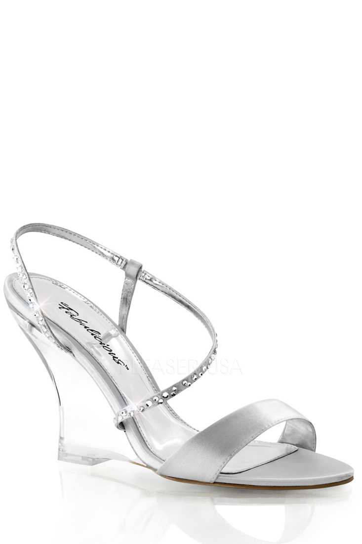 Silver Rhinestone Strappy Single Sole Wedges Satin