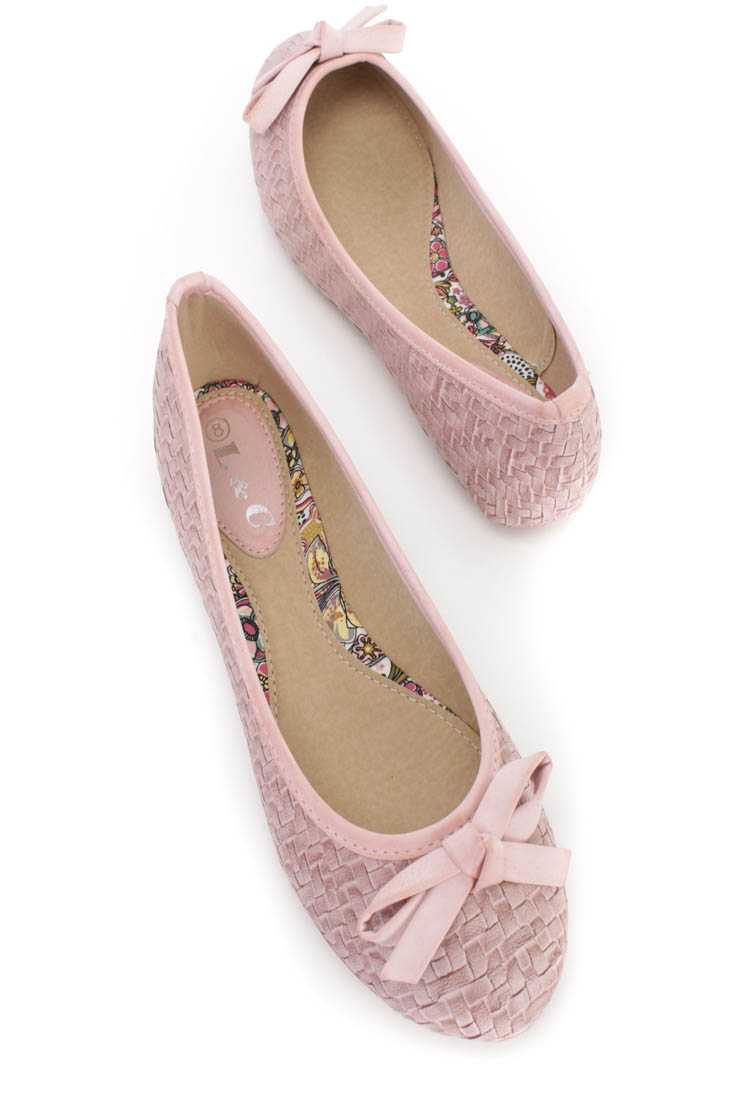 Pink Woven Textured Bow Accent Flats Faux Leather