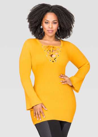 V-Neck Lace-Up Tunic Sweater