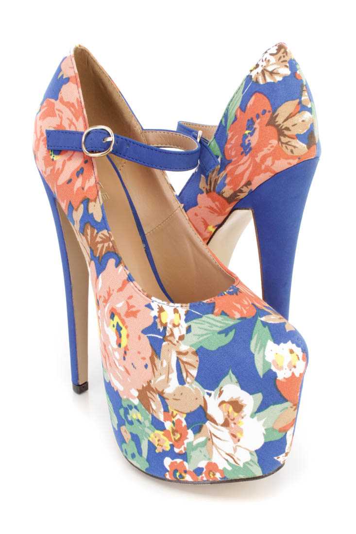 Blue Floral Print Maryjane Platform 6 Inch High Heels Canvas