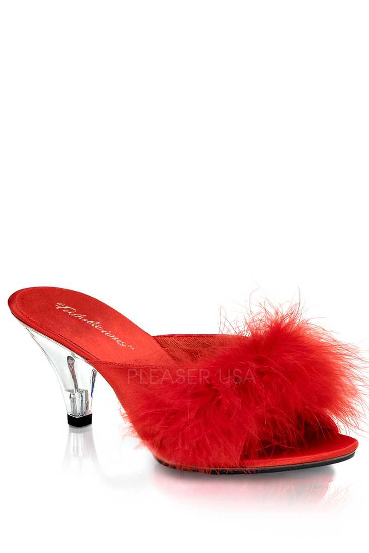 Red Satin Fur Open Toe High Heels