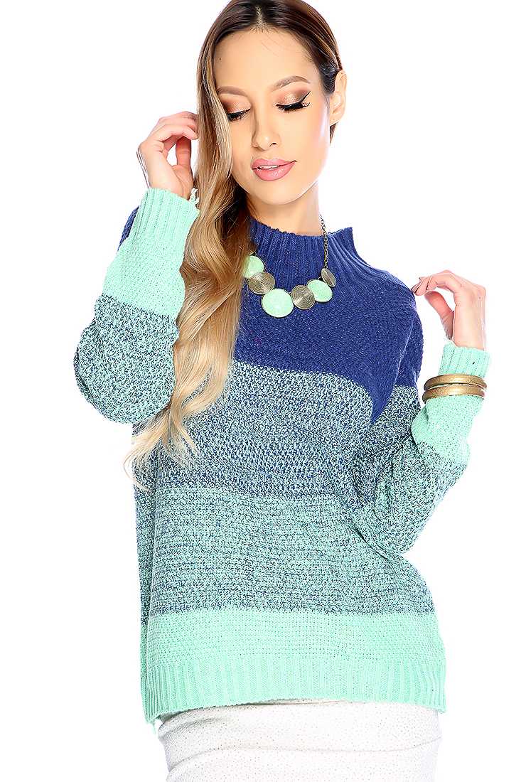 Stylish Navy Mint Long Sleeve Mock Neck Two Tone Sweater