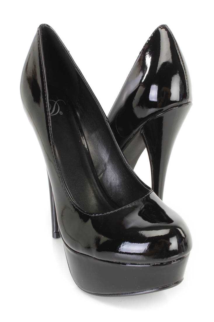 Black Round Toe Pump Heels Patent Faux Leather