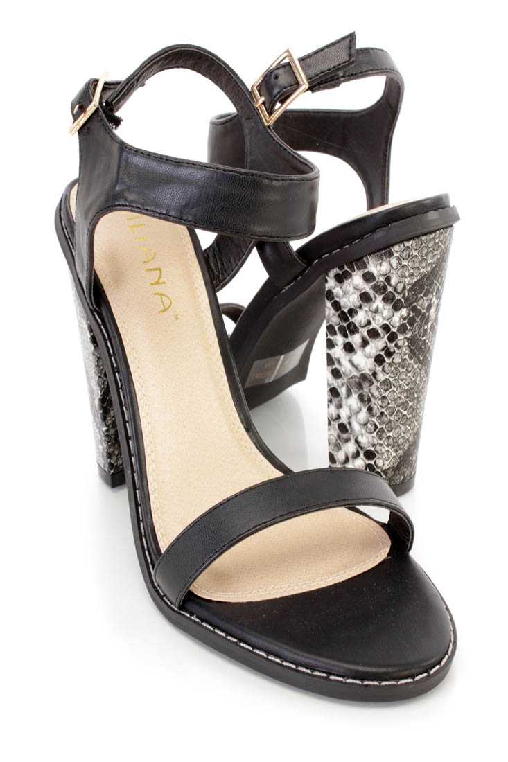 Black Single Sole Snake Skin Print Chunky Heels Faux Leather