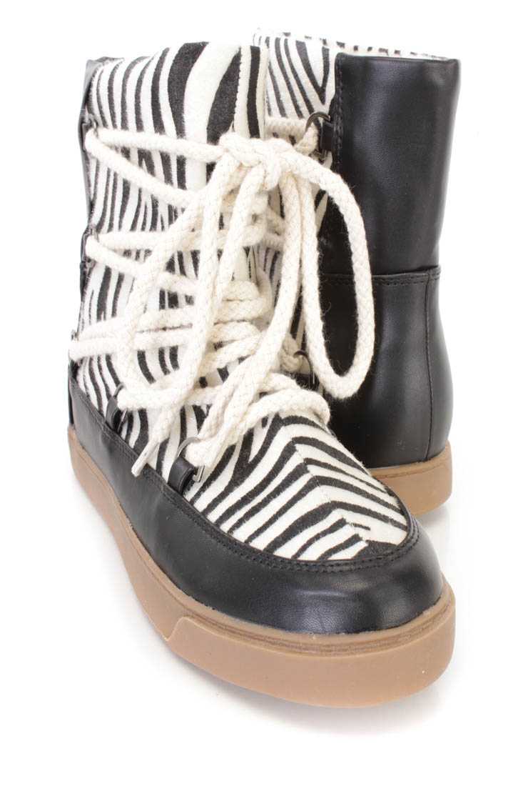 Black White Animal Print Lace Up Booties Faux Leather