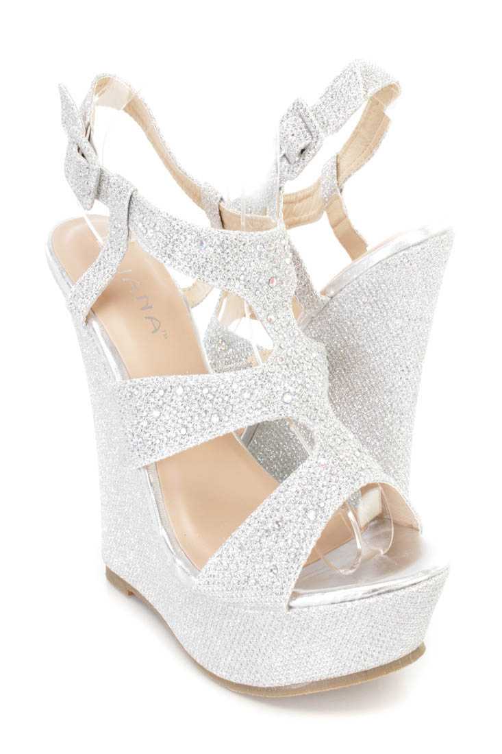 Silver Rhinestone Decor Platform Wedges Shimmer Fabric