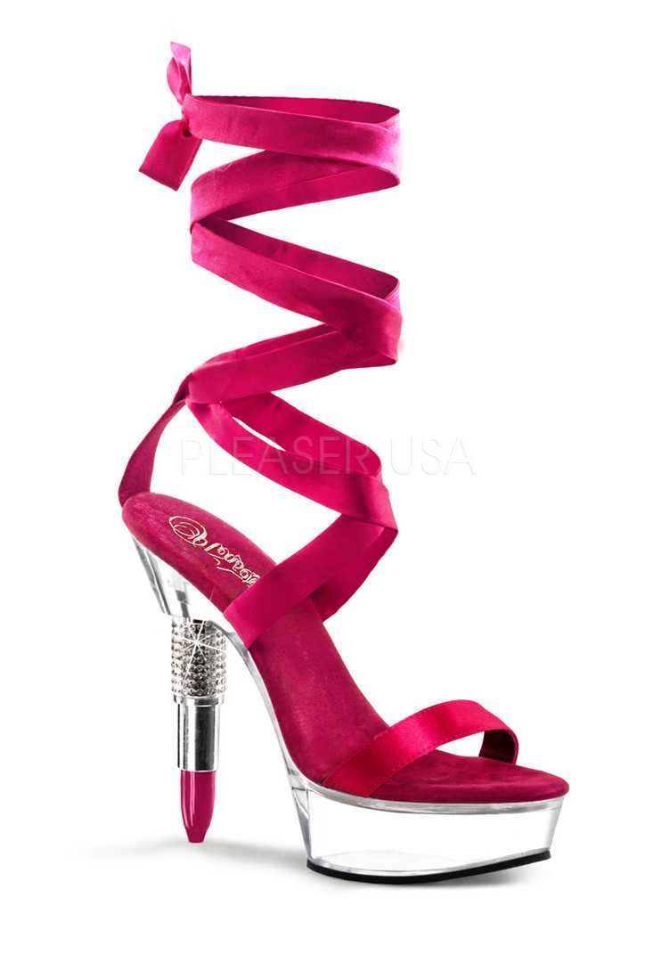Fuchsia Satin Straps Rhinestone Embedded Lipstick Platform High Heels Patent