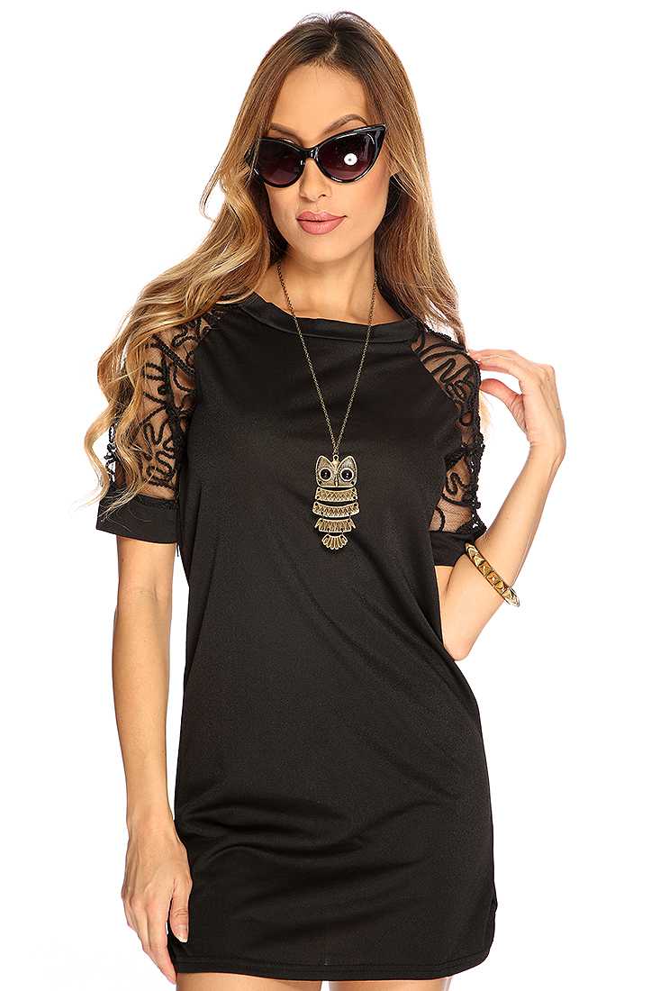 Black Yarn Mesh Short Sleeve Short Cute Dress