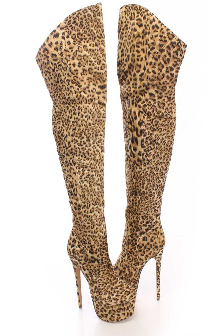 Leopard Zipper Trim Thigh High Boots Faux Suede