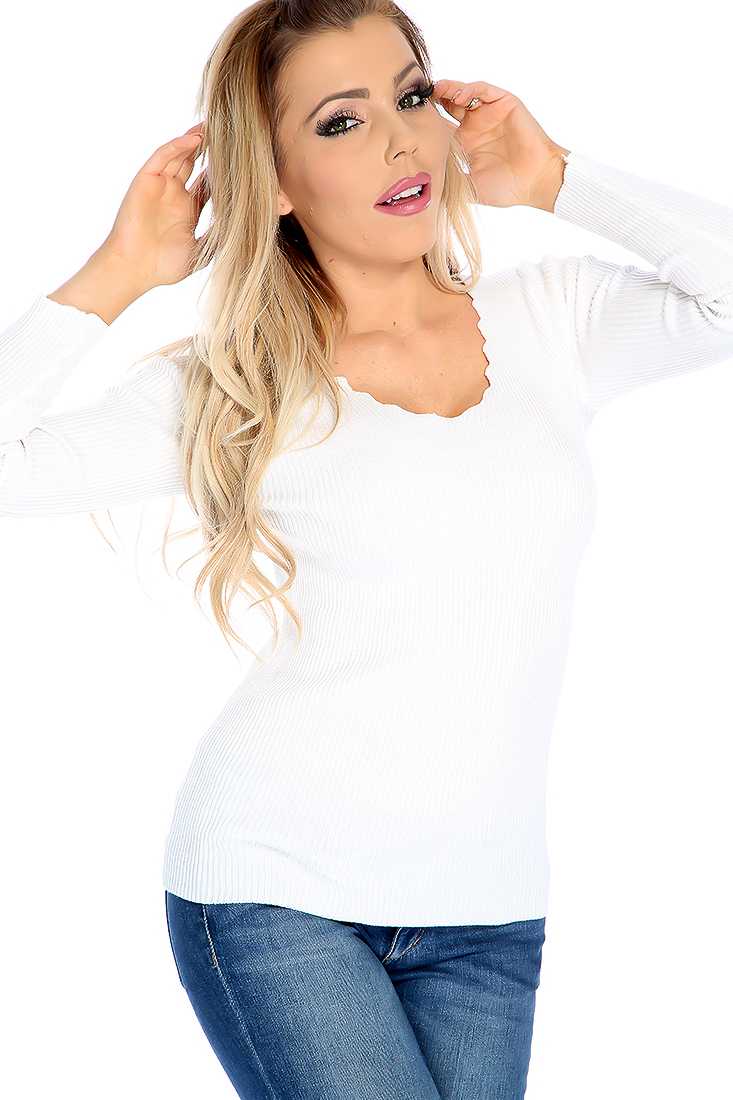 White Ribbed Scallop V-neck Long Sleeve Top