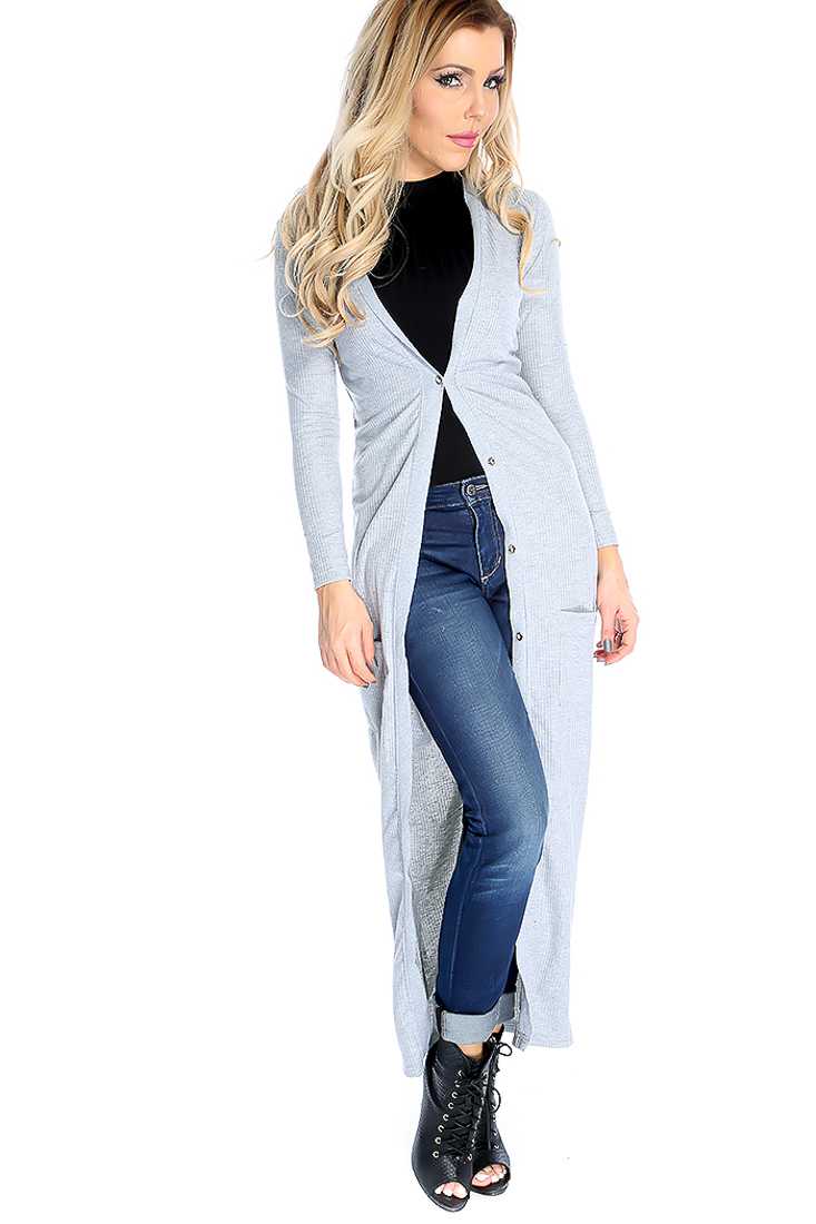 Casual Grey Long Sleeves Front Pockets Long Cardigan