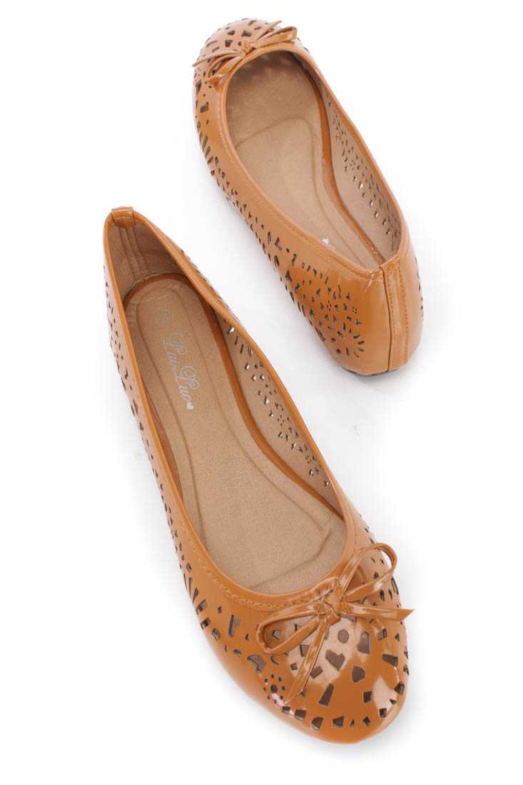 Camel Perforated Bow Tie Ballet Flats Patent