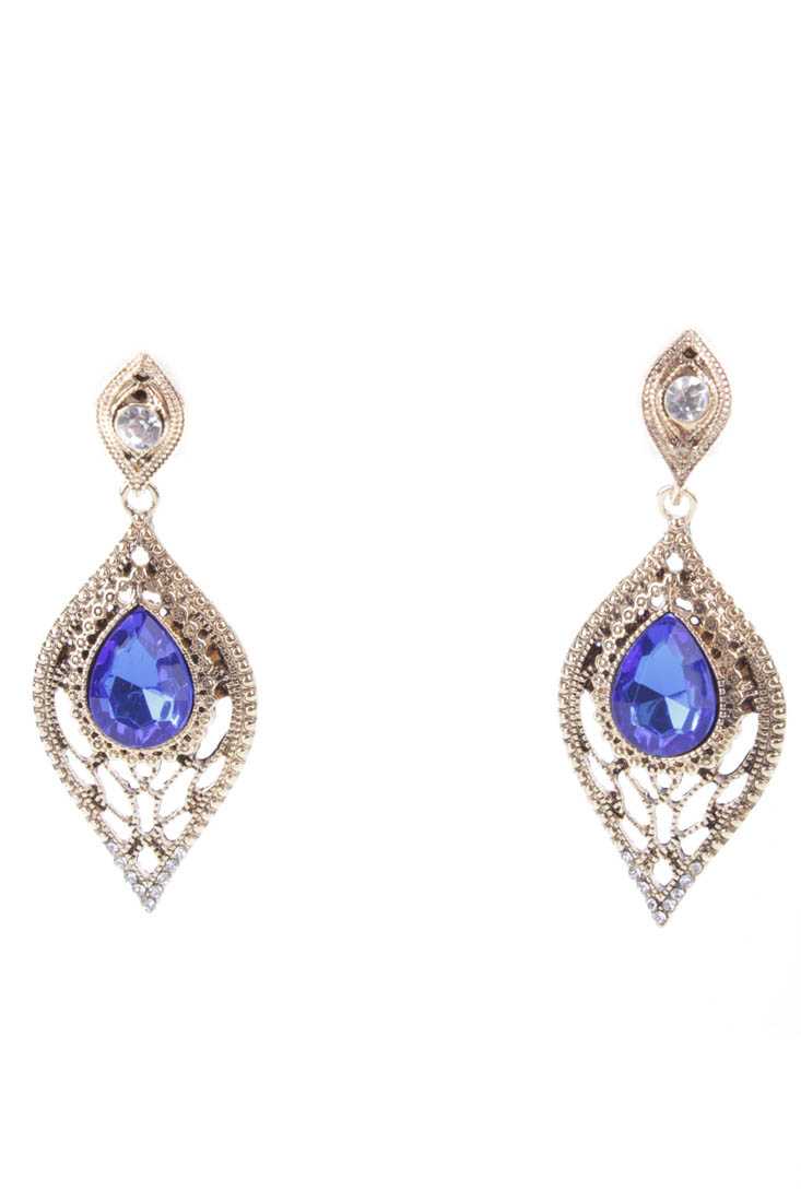 Royal Blue Gold Intricate Design Faceted Beaded Tear Drop Earrings