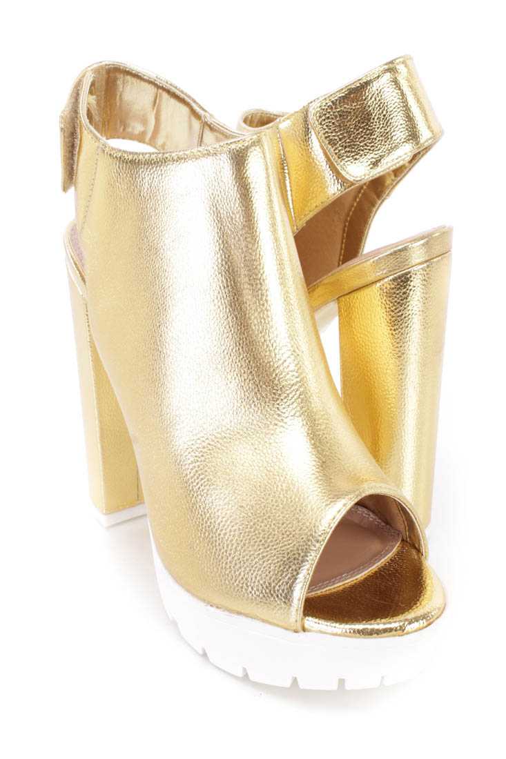 Gold Peep Toe Traction Sole Booties Faux Leather
